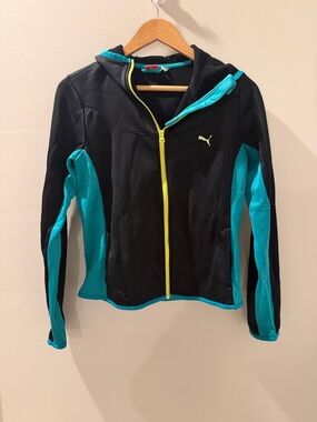 Puma Black & Teal Full-Zip Kids Jacket with Yellow Zipper